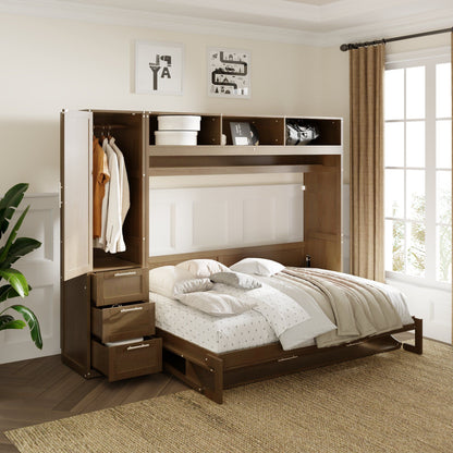 Full Size Murphy Bed With Wardrobe, Drawers, And Open Shelves - Wood - The Sleep Loft - Online Mattress Showroom NYC
