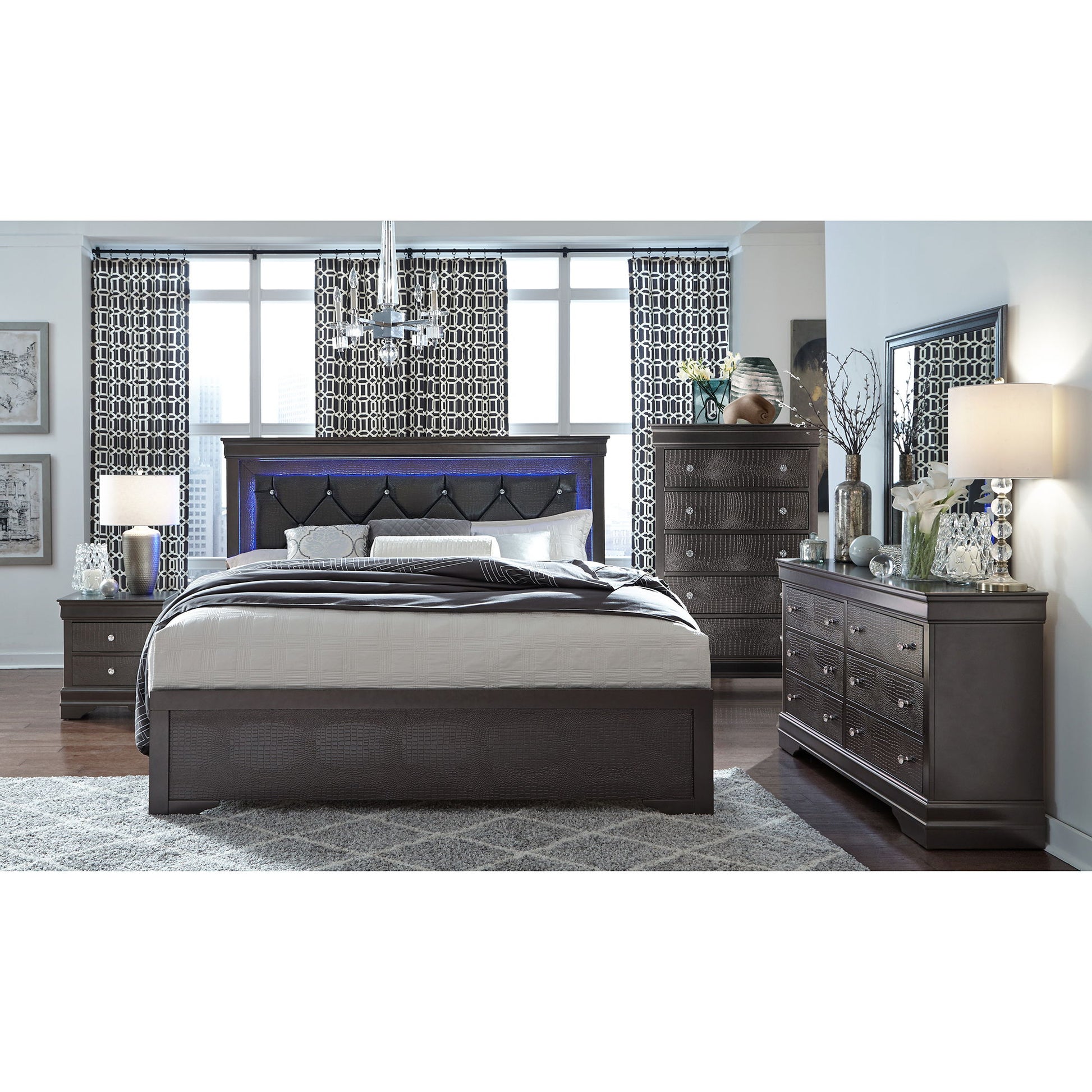 Shaker - 5 Pieces Bedroom Set With Crystal Inspired Tufted Headboard And LED Lighting - The Sleep Loft - Online Mattress Showroom NYC
