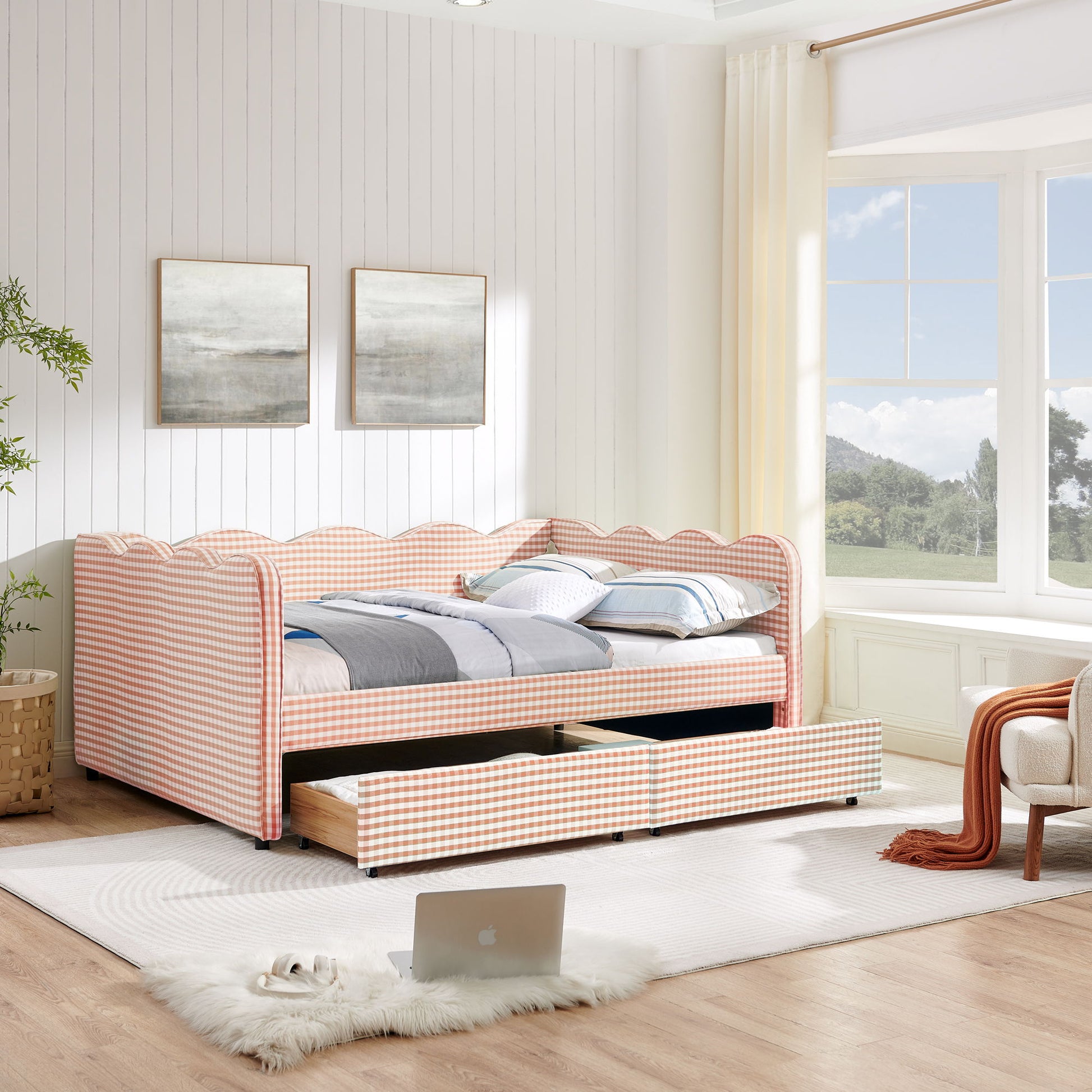 Gingham Daybed With USB Charging Port, Wave-Shaped Design - The Sleep Loft - Online Mattress Showroom NYC