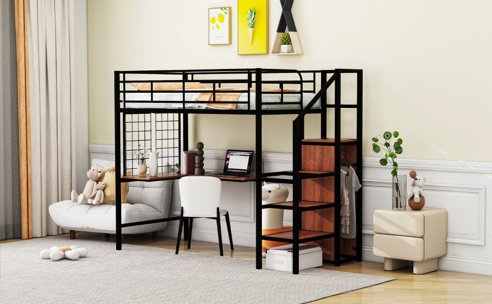 Loft Bed With Desk And Grid, Stylish Frame With Lateral Storage Ladder And Wardrobe - The Sleep Loft - Online Mattress Showroom NYC