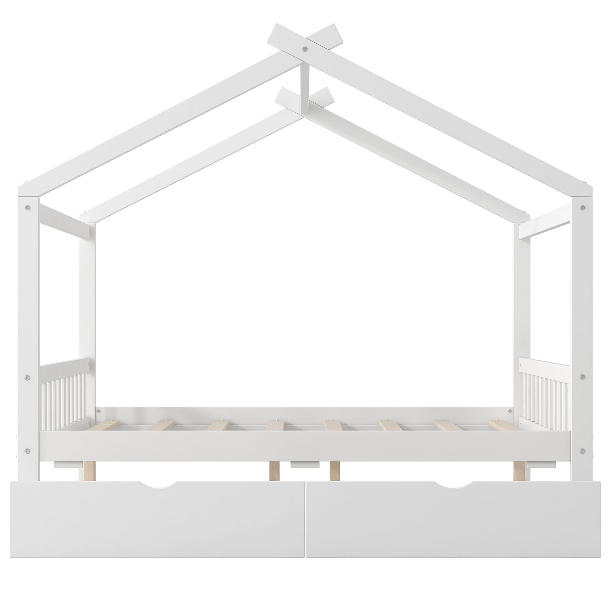 House Style Platform Bed With Headboard, Footboard, 2 Drawers, And Roof Design - The Sleep Loft - Online Mattress Showroom NYC