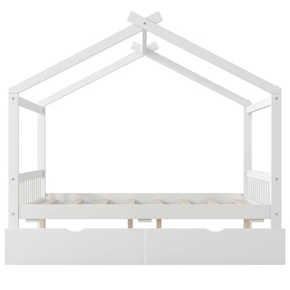 House Style Platform Bed With Headboard, Footboard, 2 Drawers, And Roof Design - The Sleep Loft - Online Mattress Showroom NYC