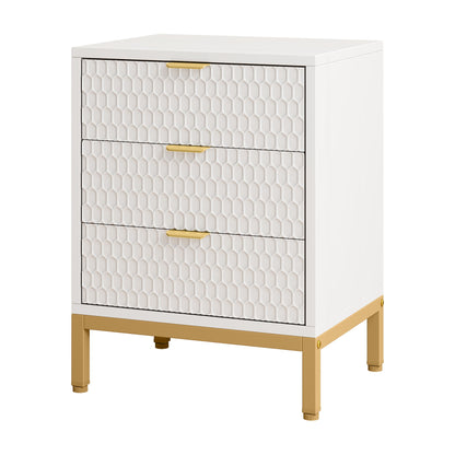 3 Drawer Nightstand With Hexagon Pattern, Storage Table For Living - White