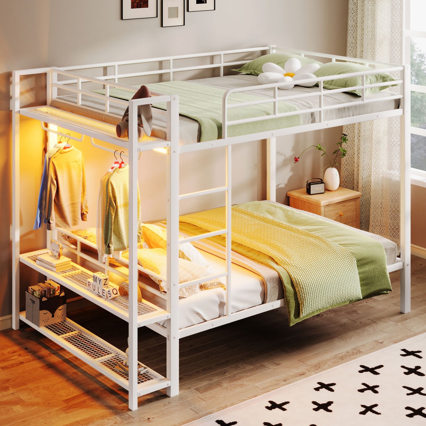 Bunk Bed With Storage Shelves, Clothes Hooks, LED Light - The Sleep Loft - Online Mattress Showroom NYC