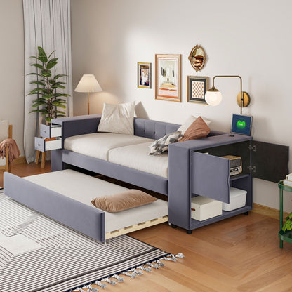 Upholstered Bed With Storage And Twin Trundle, USB Charging Ports - The Sleep Loft - Online Mattress Showroom NYC