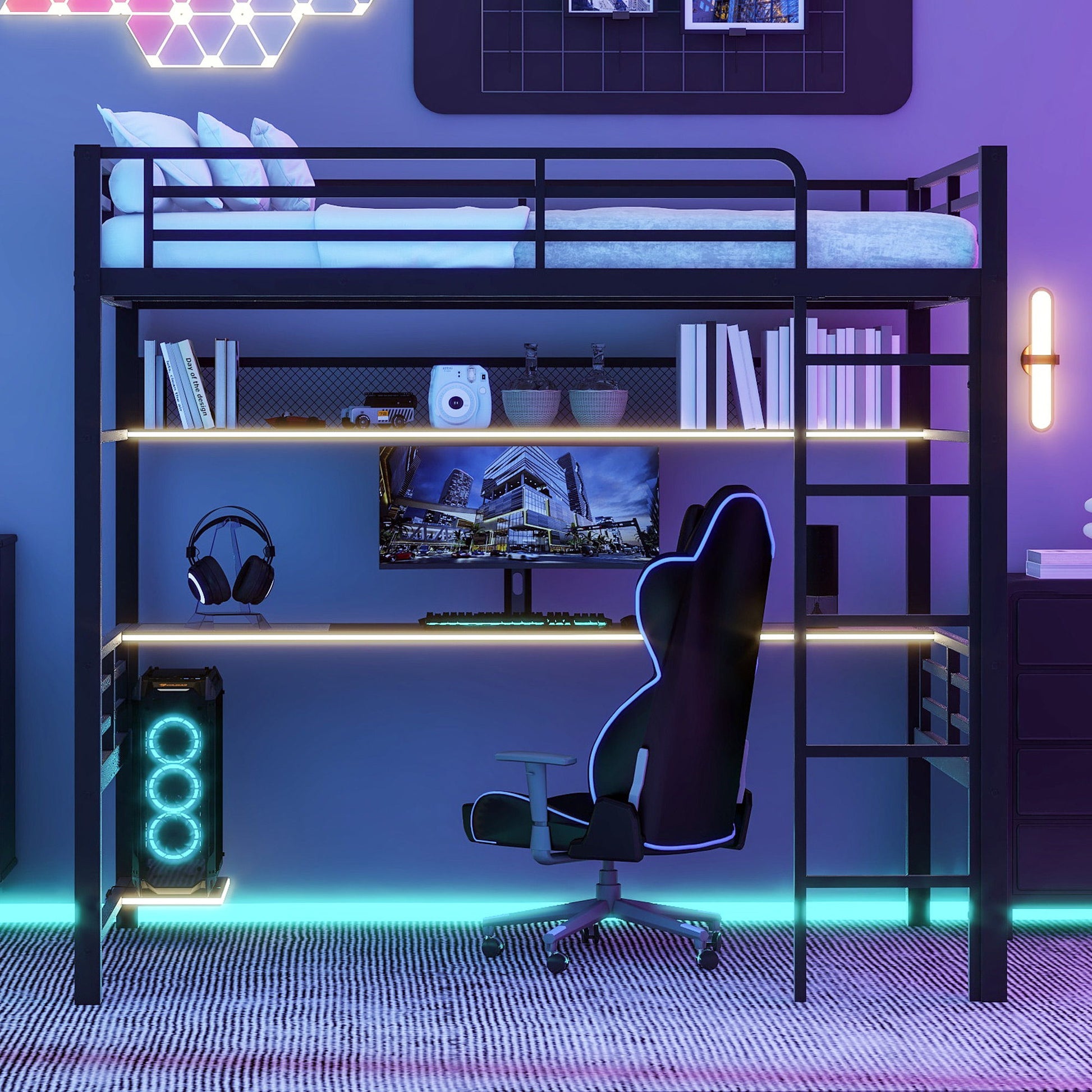 Full Size Loft Bed Frame With Storage Shelf And LED Light - Black - The Sleep Loft - Online Mattress Showroom NYC