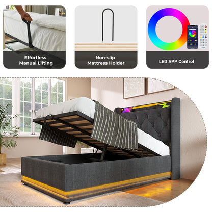 Upholstered Bed, 360 Surround LED Function, Remote Control, Hydraulic Storage Bed With USB, Type-C Charging (Without Mattress) - The Sleep Loft - Online Mattress Showroom NYC