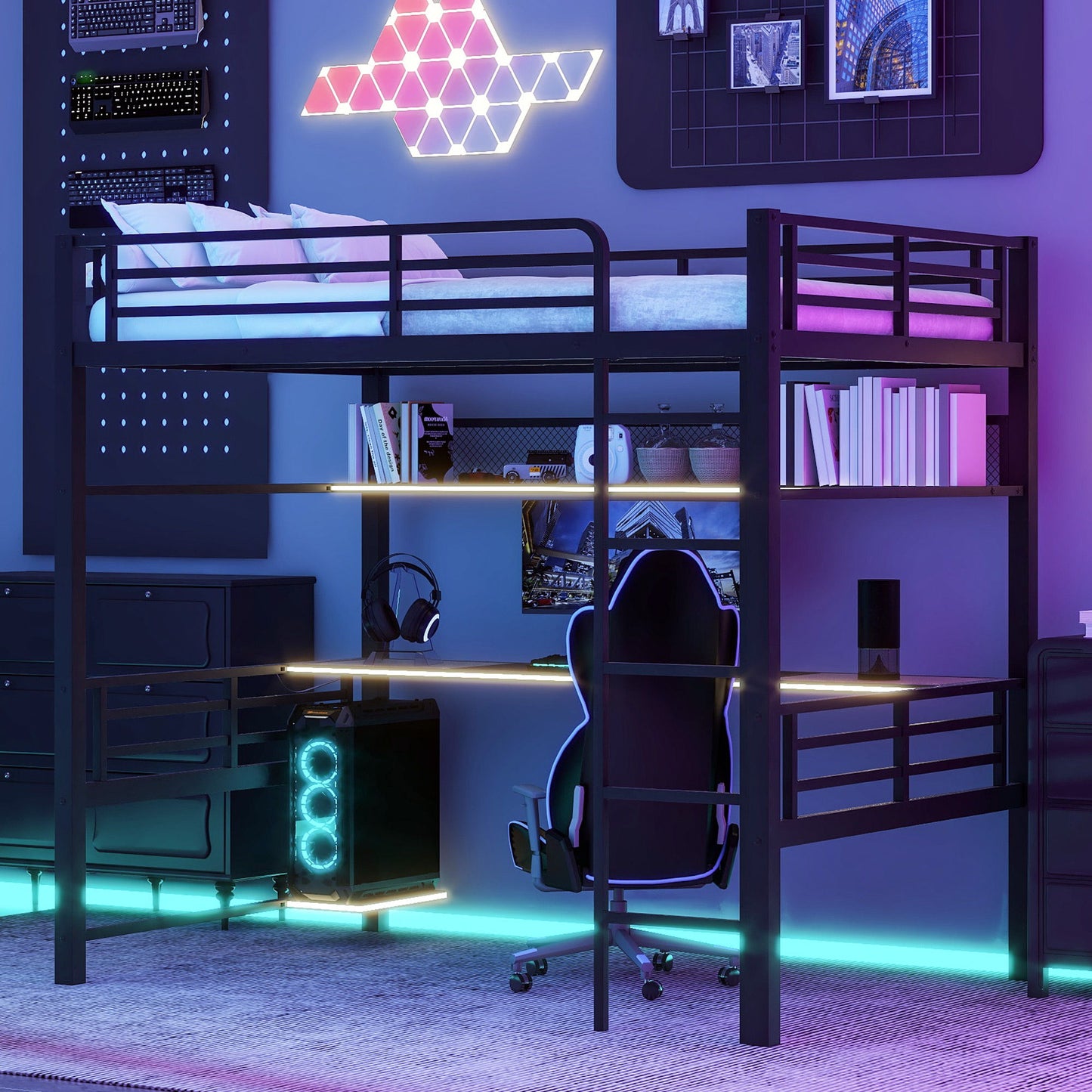 Full Size Loft Bed Frame With Storage Shelf And LED Light - Black - The Sleep Loft - Online Mattress Showroom NYC