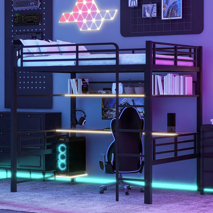 Full Size Loft Bed Frame With Storage Shelf And LED Light - Black - The Sleep Loft - Online Mattress Showroom NYC