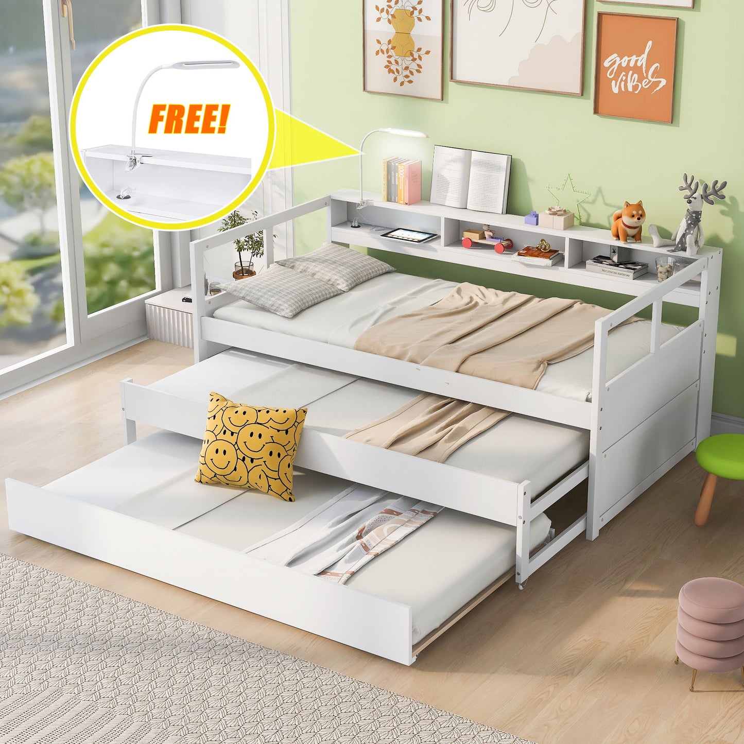 Daybed With 2 Trundles, 3 Storage Cubbies, Built In USB Charging Light - The Sleep Loft - Online Mattress Showroom NYC