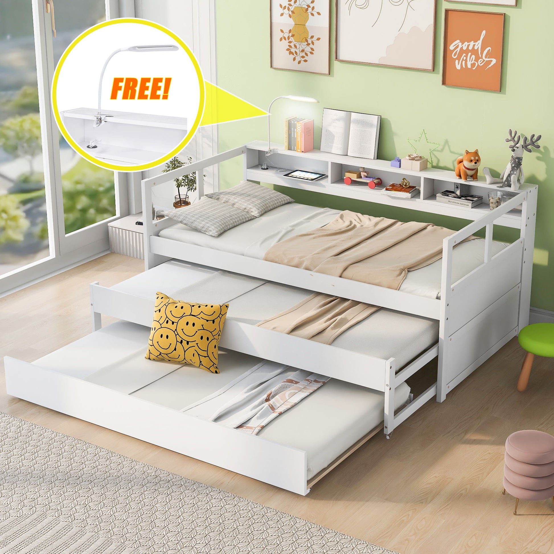 Daybed With 2 Trundles, 3 Storage Cubbies, Built In USB Charging Light - The Sleep Loft - Online Mattress Showroom NYC