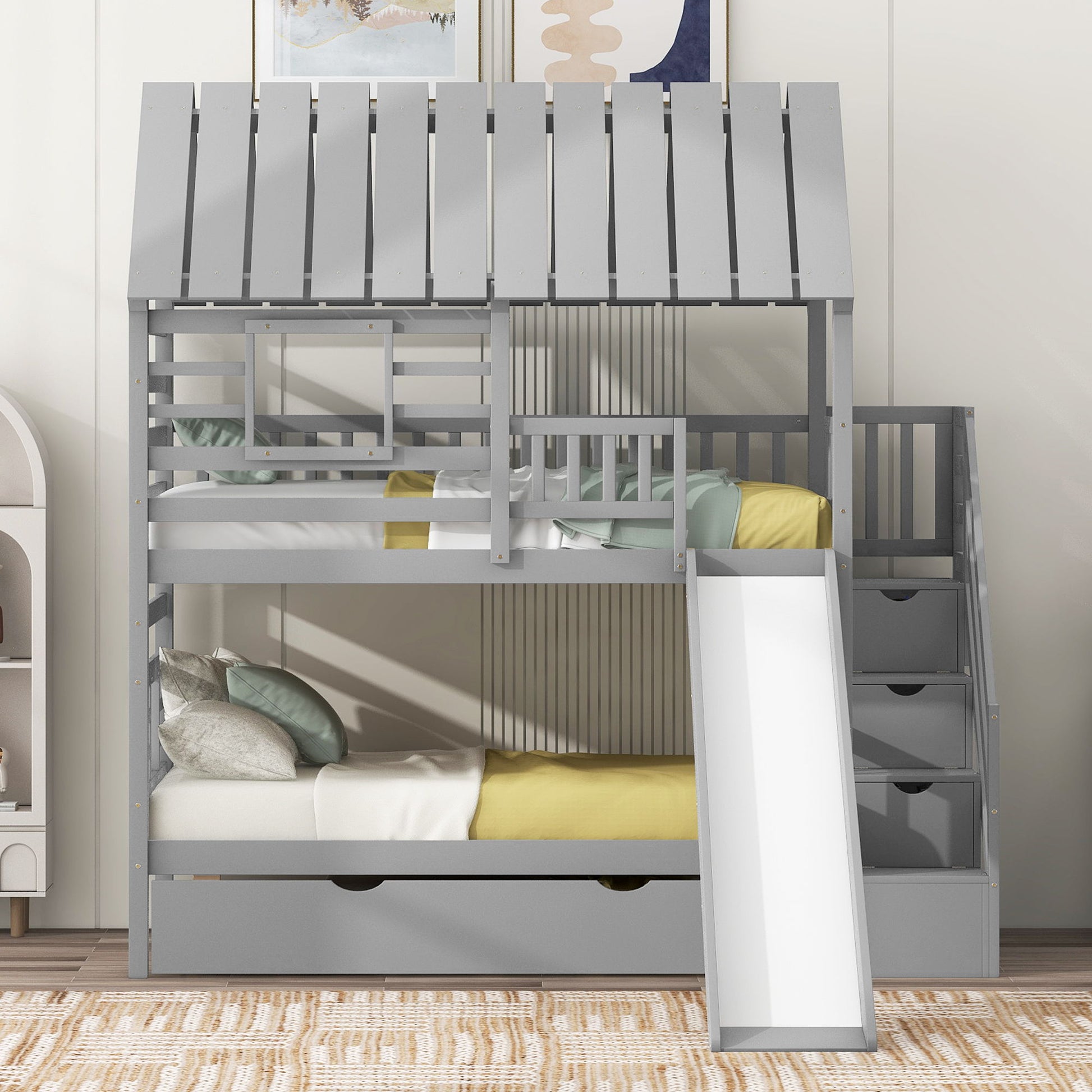 House Bunk Bed With Trundle, Storage Staircase, Roof And Window Design - The Sleep Loft - Online Mattress Showroom NYC