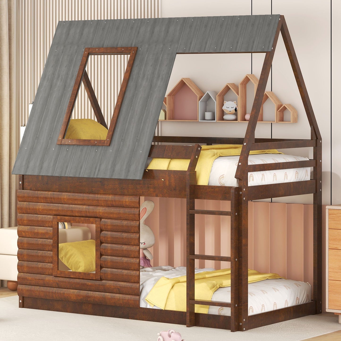 Wood Twin Size House Bunk Bed With Roof, Ladder And 2 Windows - Oak & Smoky Gray - The Sleep Loft - Online Mattress Showroom NYC