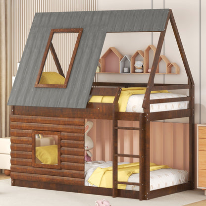 Wood Twin Size House Bunk Bed With Roof, Ladder And 2 Windows - Oak & Smoky Gray - The Sleep Loft - Online Mattress Showroom NYC