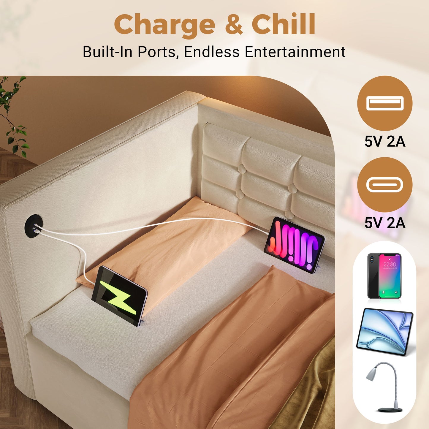 Upholstered Hydraulic Storage Daybed With USB & Type C Charging - The Sleep Loft - Online Mattress Showroom NYC