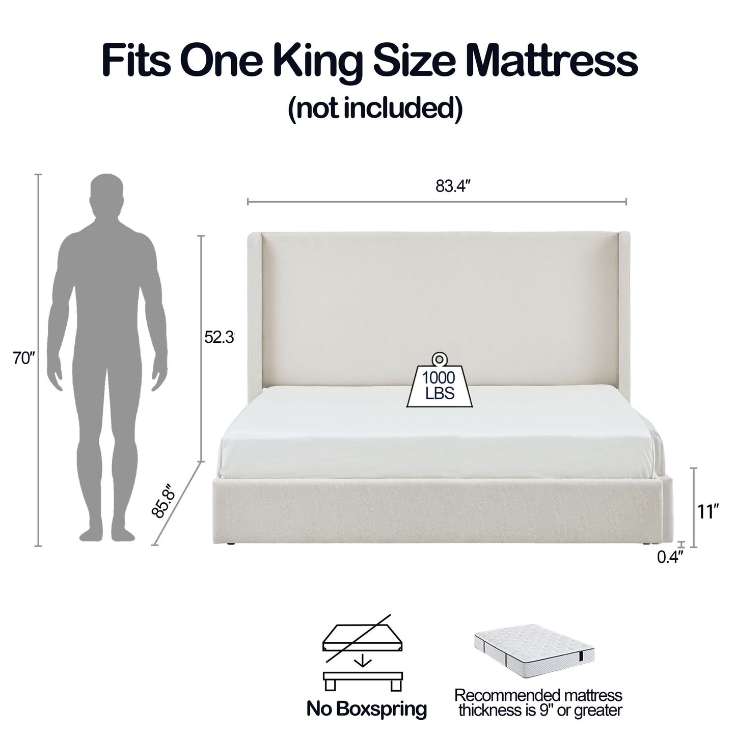 Carmen - King Size Upholstered Wingback Bed - Ivory - The Sleep Loft - Online Mattress Showroom NYC