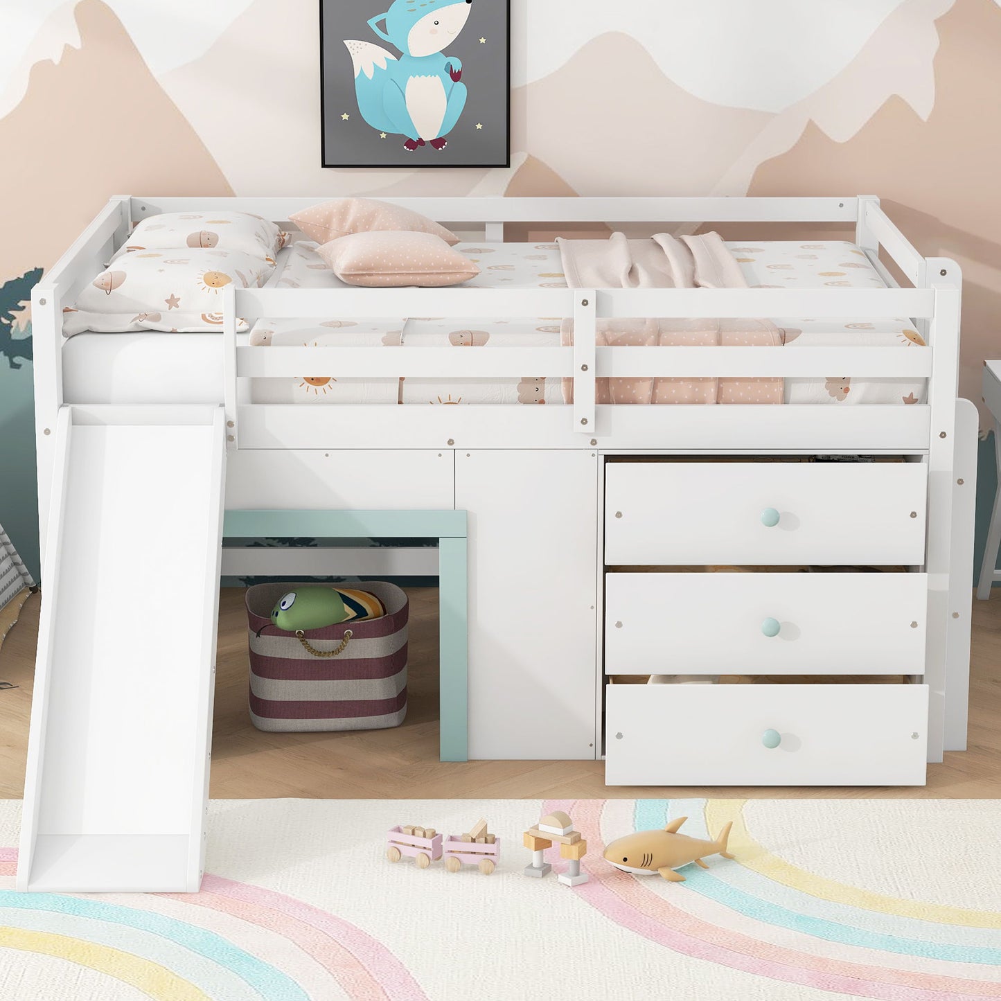 Modern Low Loft Bed With Slide, 3 Storage Drawers, And 2 Doors - The Sleep Loft - Online Mattress Showroom NYC