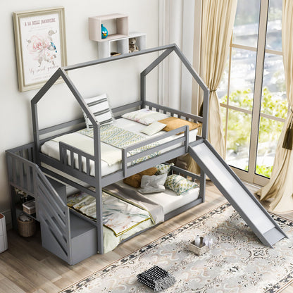 Twin Over Twin House Bunk Bed With Convertible Slide, Storage Staircase - The Sleep Loft - Online Mattress Showroom NYC