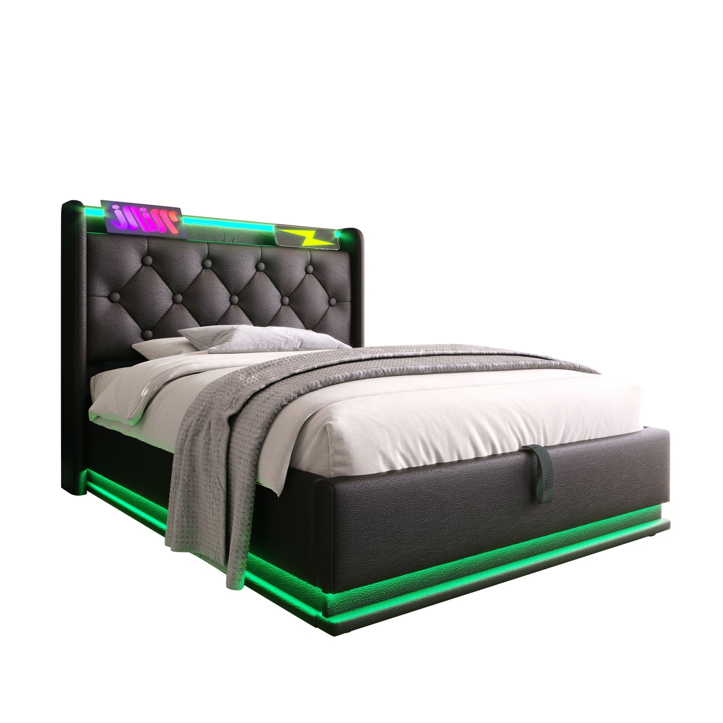 Upholstered Bed, 360 Surround LED Function, Remote Control, Hydraulic Storage Bed With USB, Type-C Charging (Without Mattress) - The Sleep Loft - Online Mattress Showroom NYC