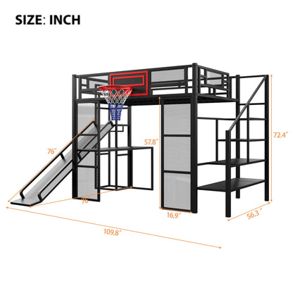 Loft Bed With Built In Desk, Open Wardrobe, Basketball Hoop, Slide And Staircase - The Sleep Loft - Online Mattress Showroom NYC