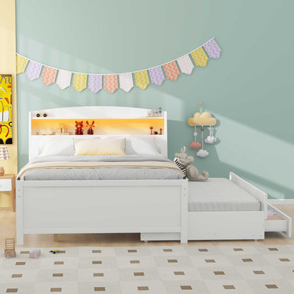 Full Size Platform Bed With Storage LED Headboard, Twin Trundle And 3 Drawers - White - The Sleep Loft - Online Mattress Showroom NYC