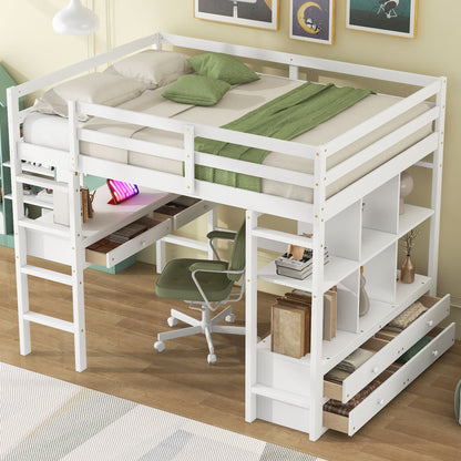 Full Size Loft Bed With Built In Desk, 2 Drawers, Storage Shelves - White - The Sleep Loft - Online Mattress Showroom NYC