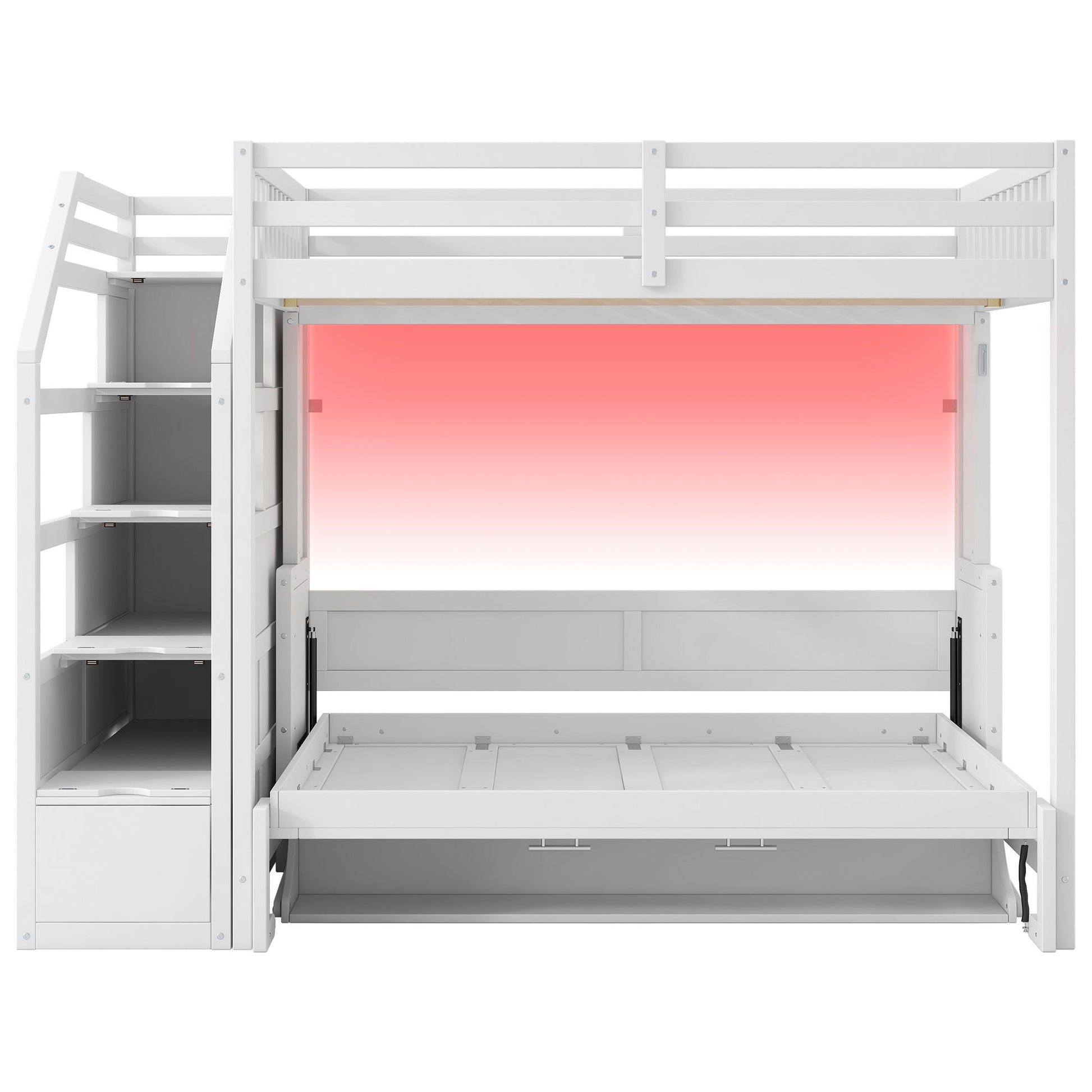 Full Long Loft Bed With Storage Staircase, Murphy Bed, LED Light - White - The Sleep Loft - Online Mattress Showroom NYC