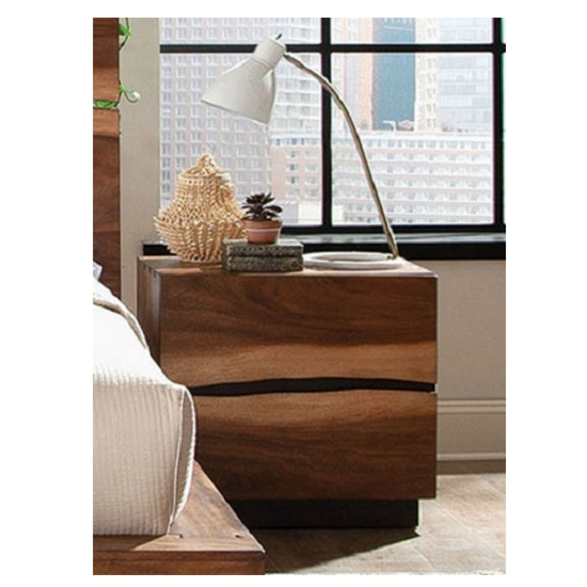 Wooden 2 Drawer Nightstand With Smokey And Asymmetrical Design - Walnut - The Sleep Loft - Online Mattress Showroom NYC