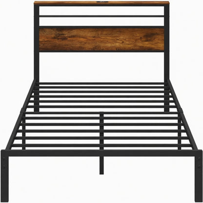 Platform Bed Frame With Charging Station & Headboard Shelves