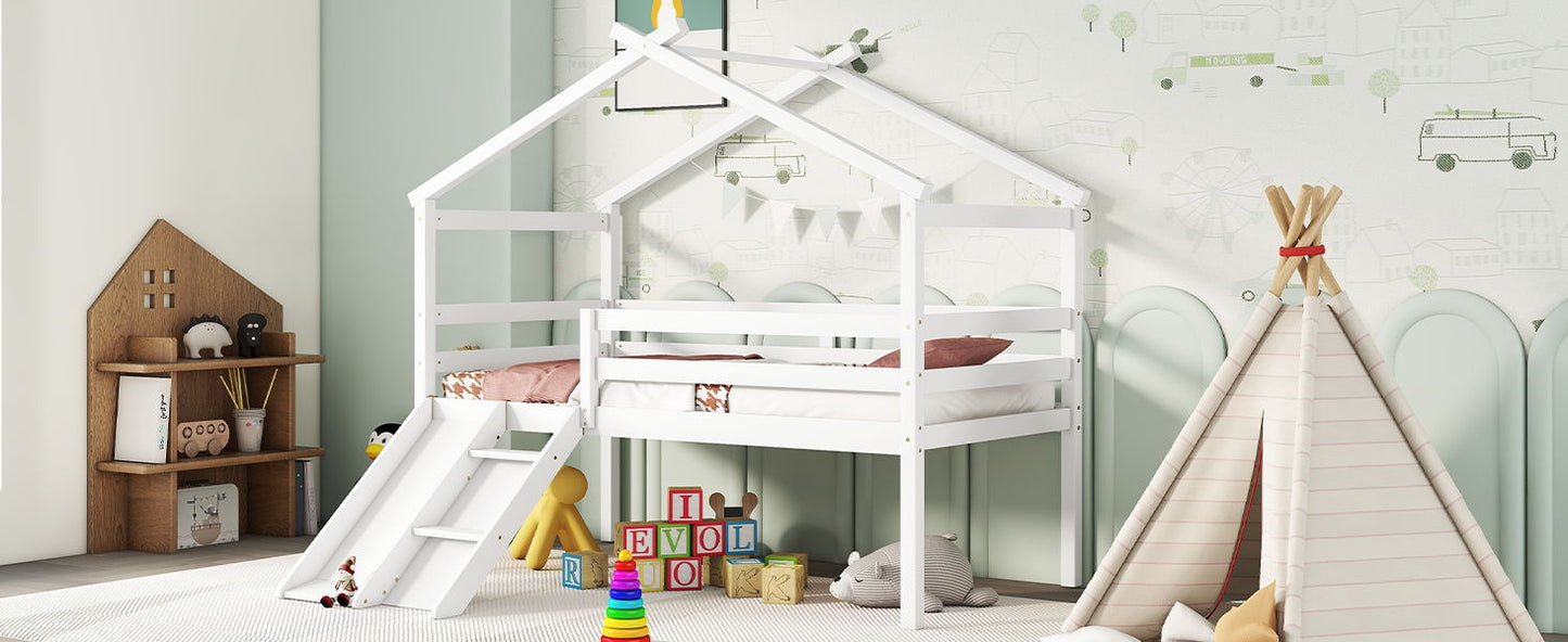 Low Loft House Bed With Slide, Ladder, Safety Guardrails, House Roof Frame - The Sleep Loft - Online Mattress Showroom NYC