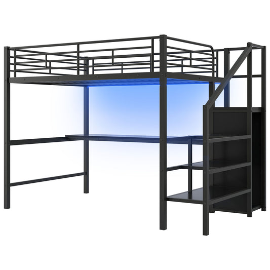 Full Size Loft Bed With Desk, Storage Staircase, Small Wardrobe And LED Light - Black - The Sleep Loft - Online Mattress Showroom NYC