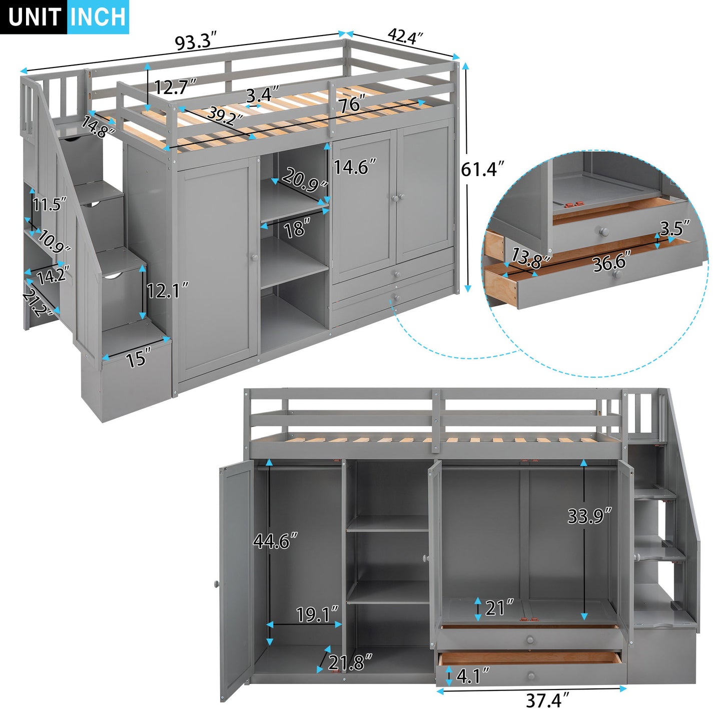 Loft Bed With 3 Shelves, 2 Wardrobes, 2 Drawers, Ladder Storage - The Sleep Loft - Online Mattress Showroom NYC