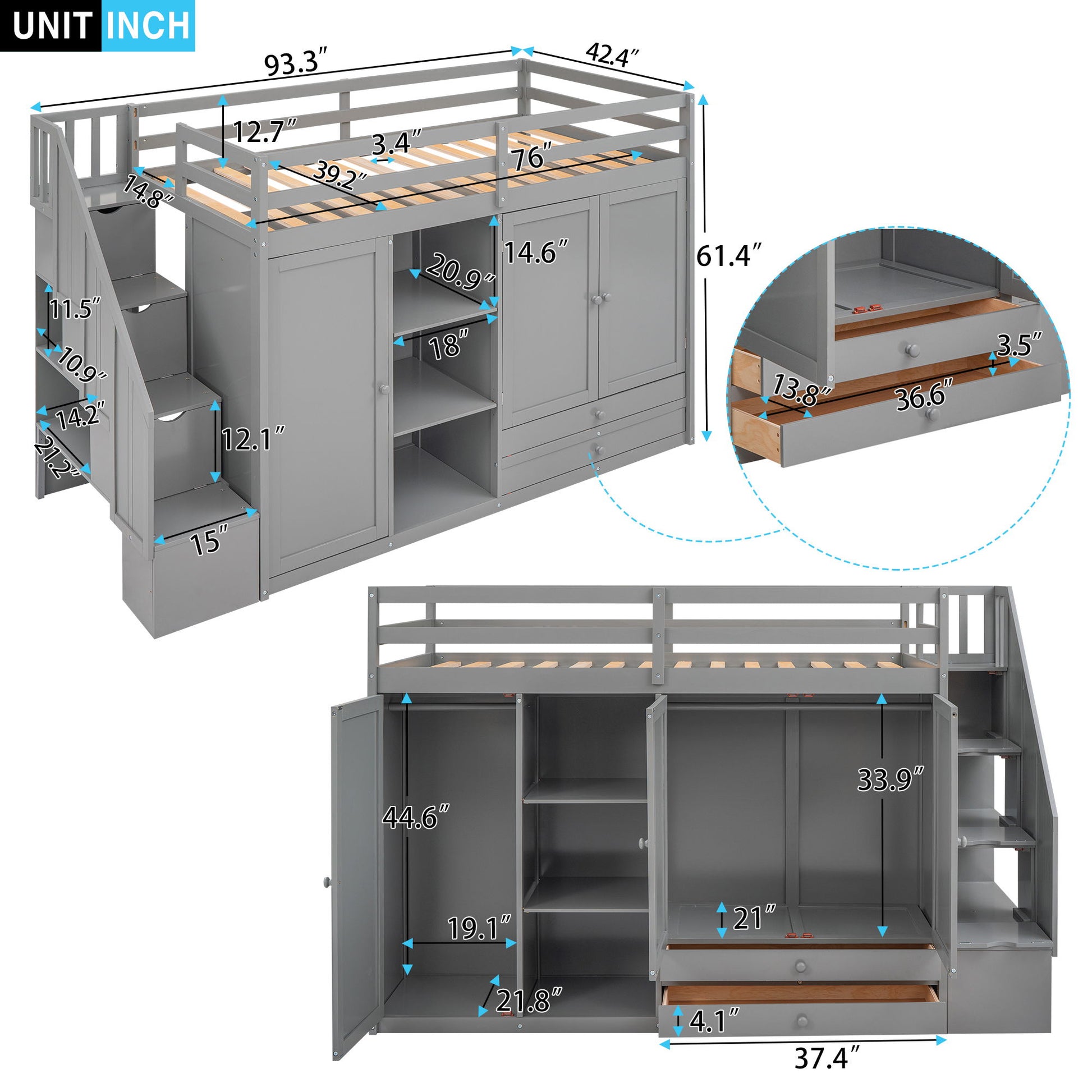 Loft Bed With 3 Shelves, 2 Wardrobes, 2 Drawers, Ladder Storage - The Sleep Loft - Online Mattress Showroom NYC