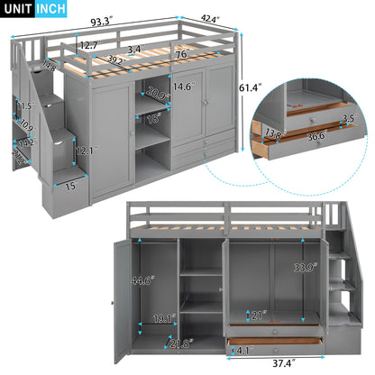 Loft Bed With 3 Shelves, 2 Wardrobes, 2 Drawers, Ladder Storage - The Sleep Loft - Online Mattress Showroom NYC