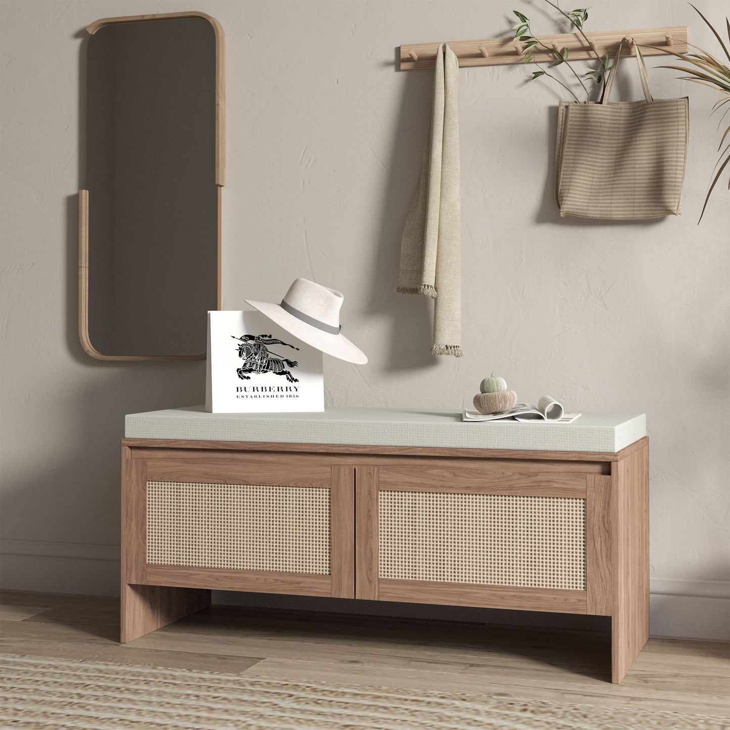 Storage Bench With Cushion, Shoe Cabinet With 2 Doors - Antique Natural / Rattan - The Sleep Loft - Online Mattress Showroom NYC