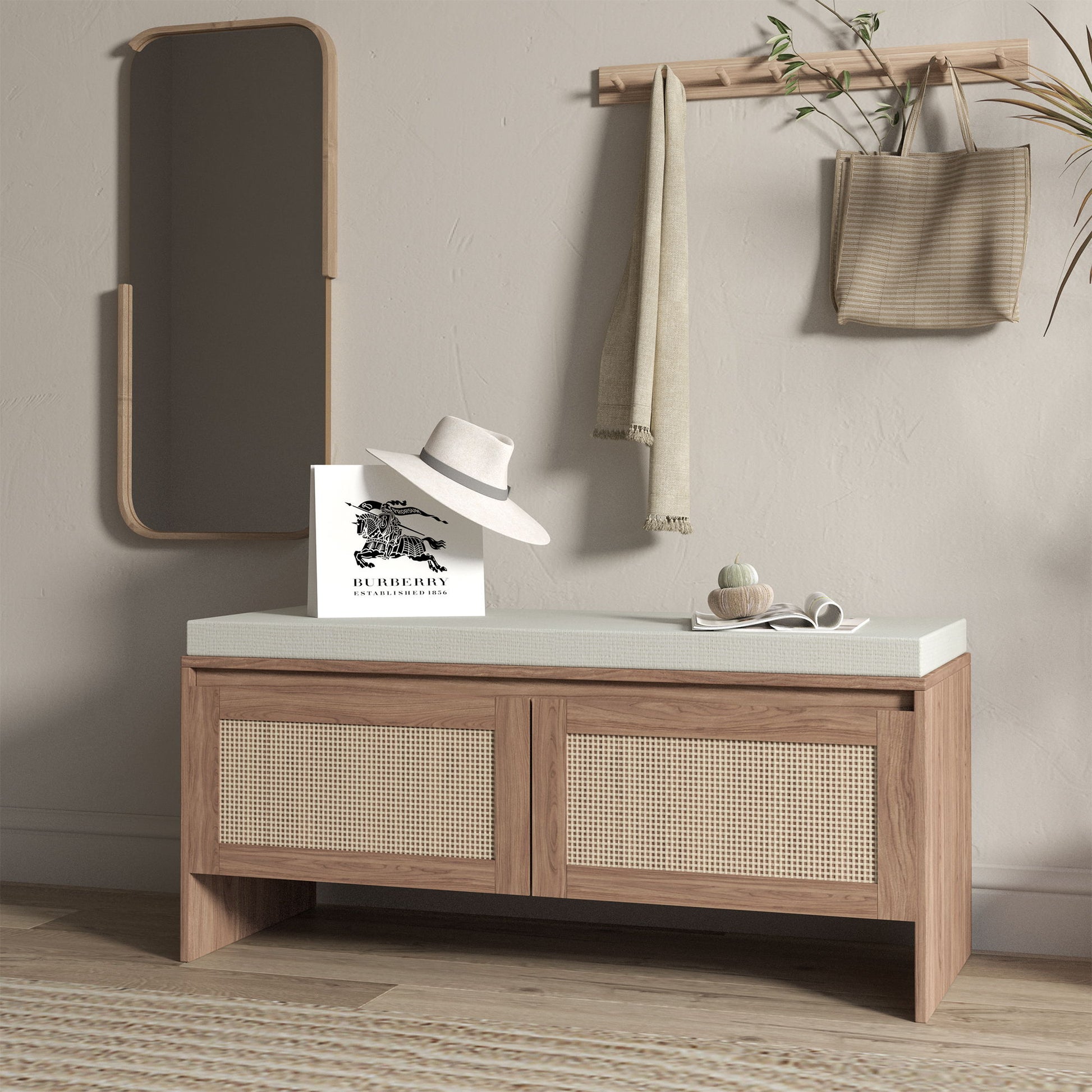 Storage Bench With Cushion, Shoe Cabinet With 2 Doors - Antique Natural / Rattan - The Sleep Loft - Online Mattress Showroom NYC