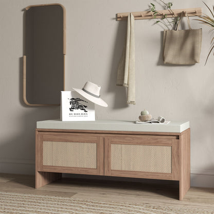 Storage Bench With Cushion, Shoe Cabinet With 2 Doors - Antique Natural / Rattan - The Sleep Loft - Online Mattress Showroom NYC