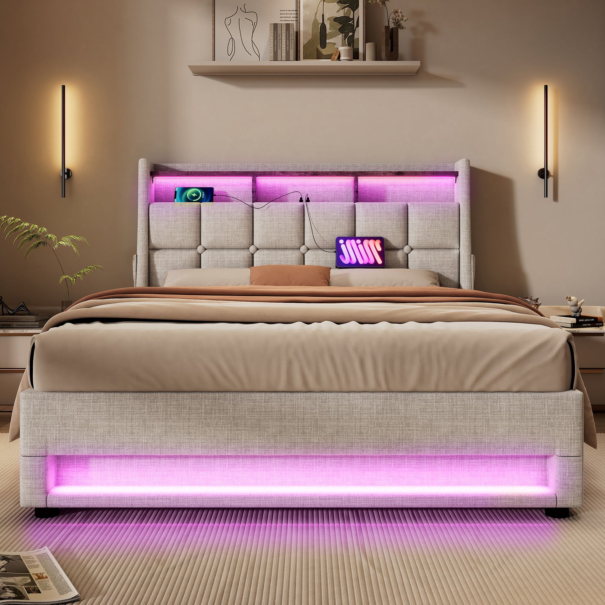 Upholstered Platform Bed With A Hydraulic Storage System, LED And USB Charging (Without Mattress) - The Sleep Loft - Online Mattress Showroom NYC