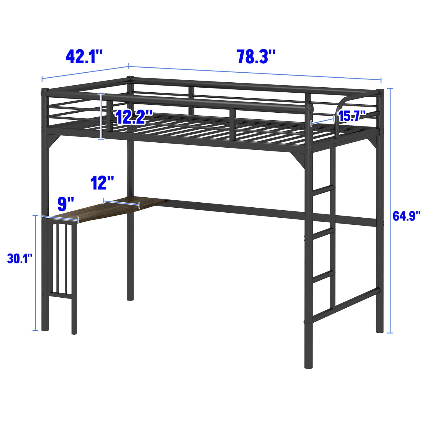 Twin Metal Loft Bed With Desk, Ladder And Guardrails, Bookdesk Under Bed - Black - The Sleep Loft - Online Mattress Showroom NYC