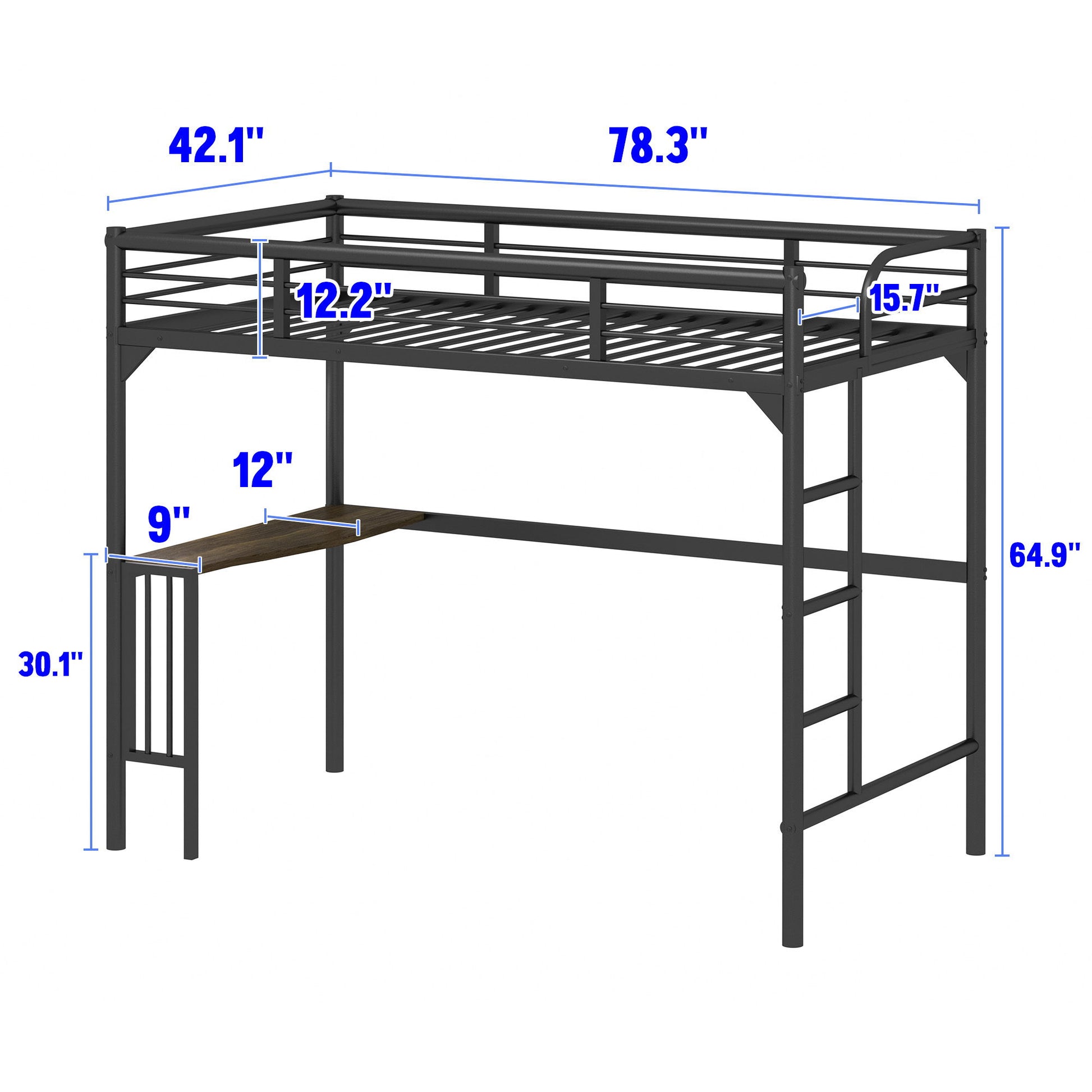 Twin Metal Loft Bed With Desk, Ladder And Guardrails, Bookdesk Under Bed - Black - The Sleep Loft - Online Mattress Showroom NYC