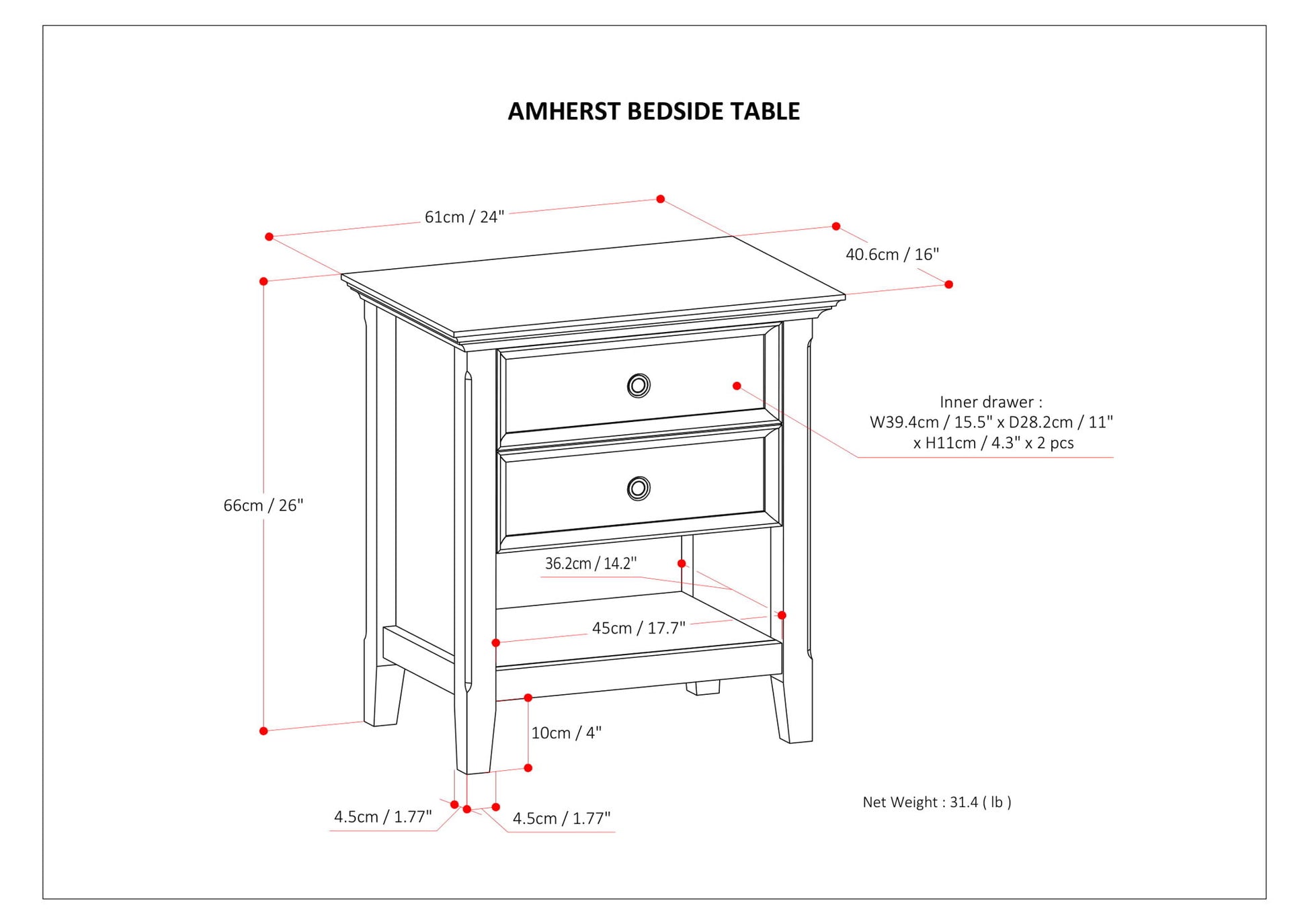 Amherst - Bedside Table, Handcrafted - The Sleep Loft - Online Mattress Showroom NYC