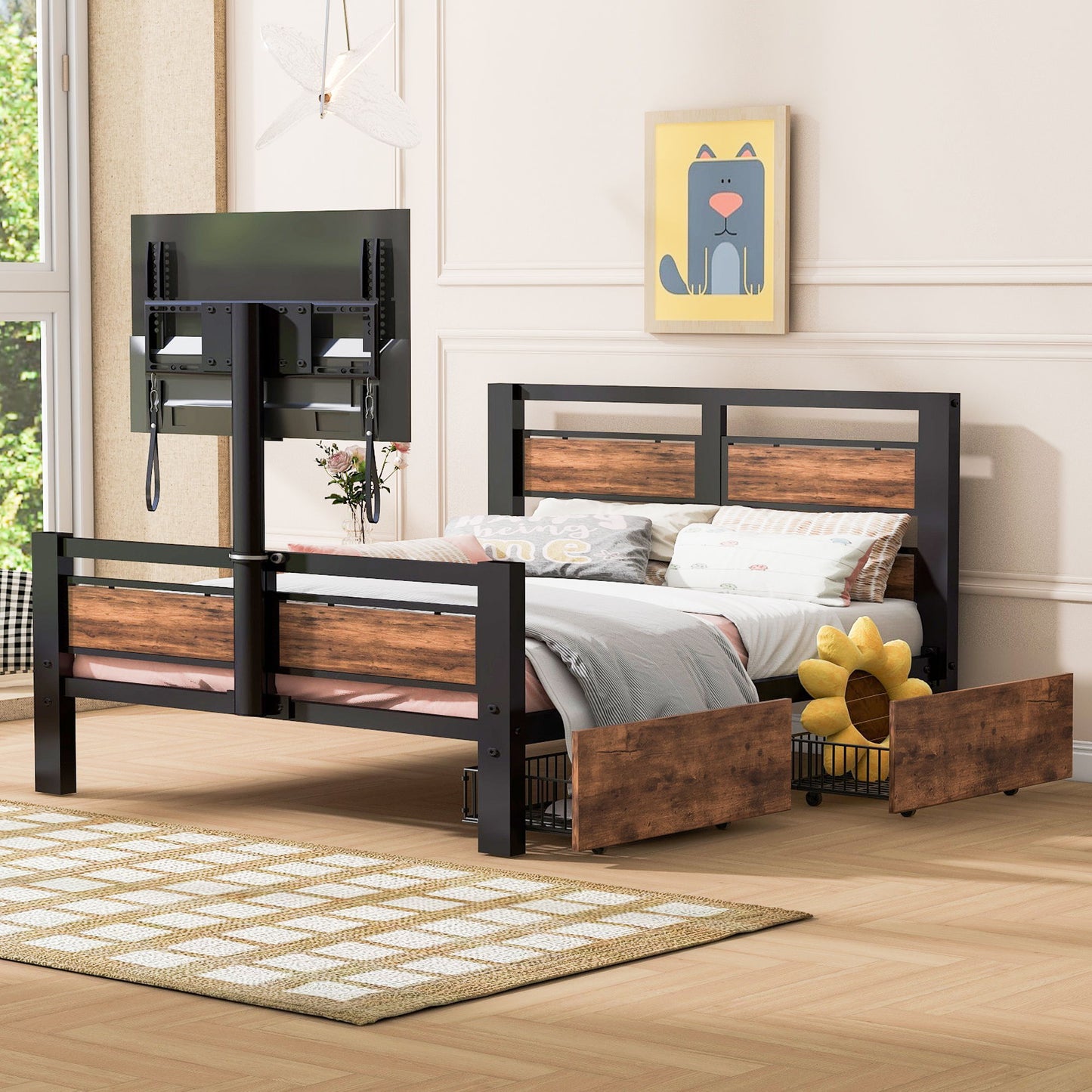 Twin Size Platform Bed With Headboard And Footboard, 2 Storage Drawers And Rotatable TV Stand - Black - The Sleep Loft - Online Mattress Showroom NYC