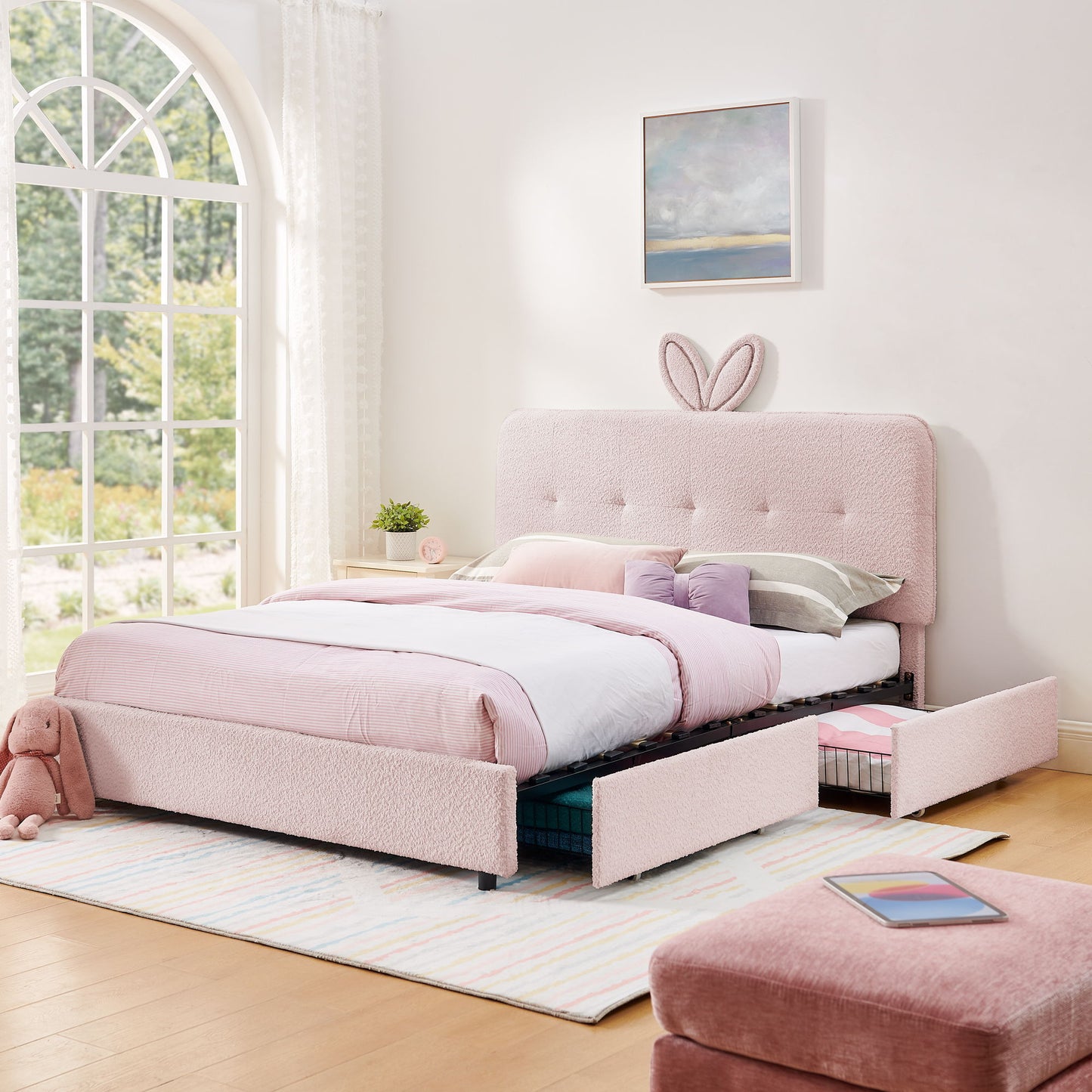 Upholstered Bed With Oversized Rabbit Ear Headboard, LED Lights & 4 Storage Drawers - The Sleep Loft - Online Mattress Showroom NYC