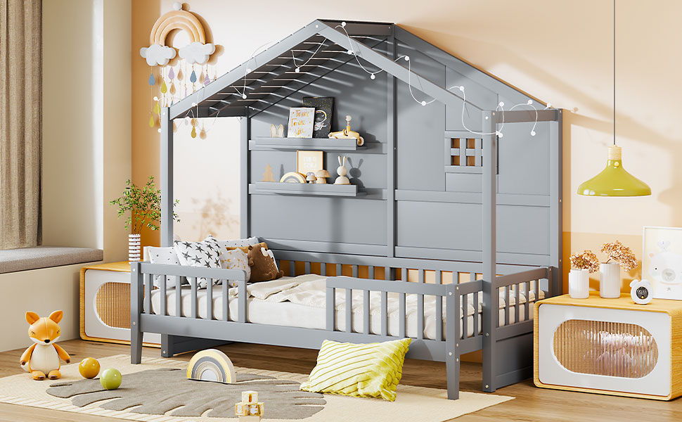 House Bed With Shelves, Window And Sparkling Light Strip On The Roof - The Sleep Loft - Online Mattress Showroom NYC