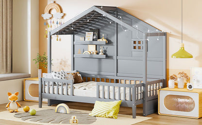 House Bed With Shelves, Window And Sparkling Light Strip On The Roof - The Sleep Loft - Online Mattress Showroom NYC