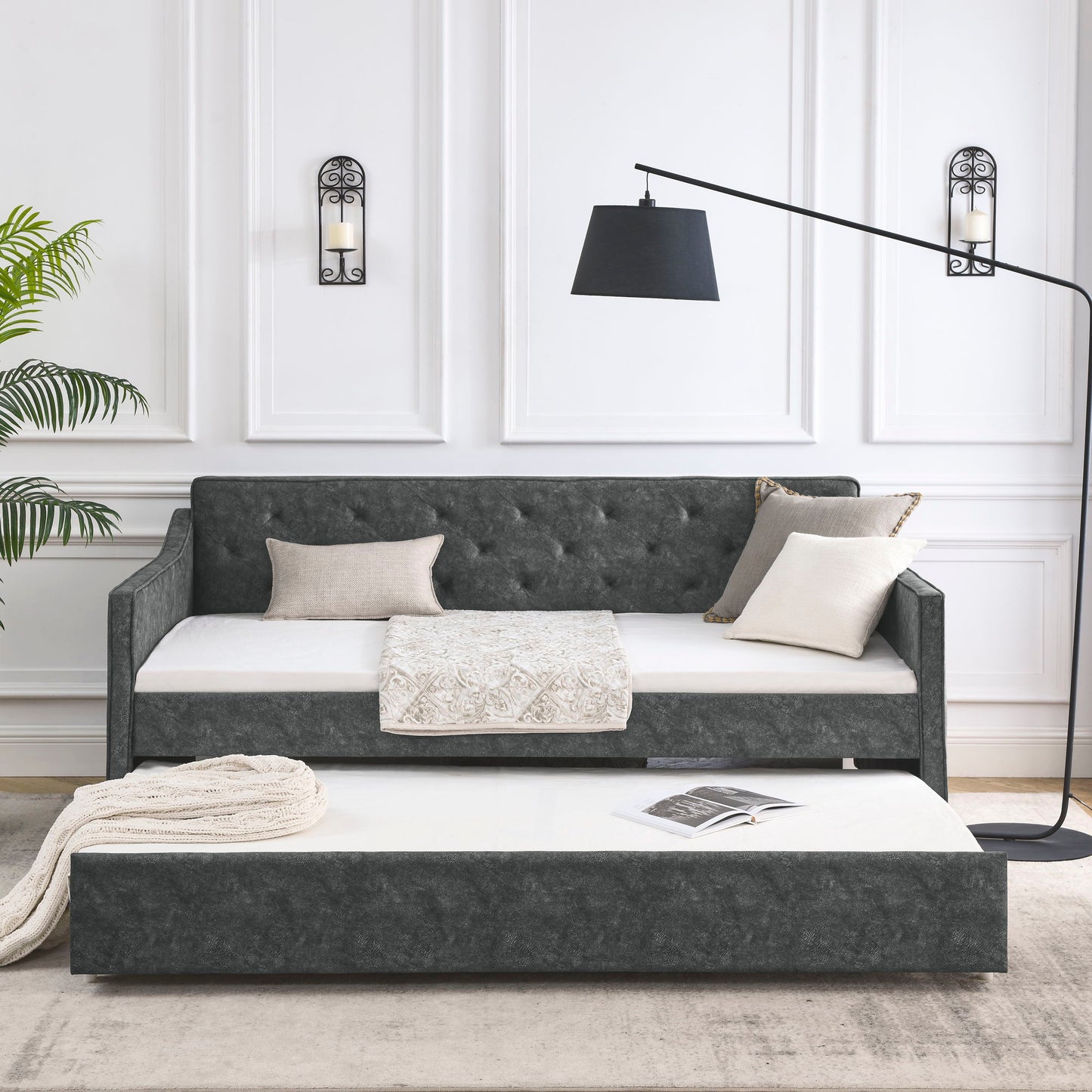Twin Upholstered Daybed With Trundle, Waved Arms - Gray - The Sleep Loft - Online Mattress Showroom NYC