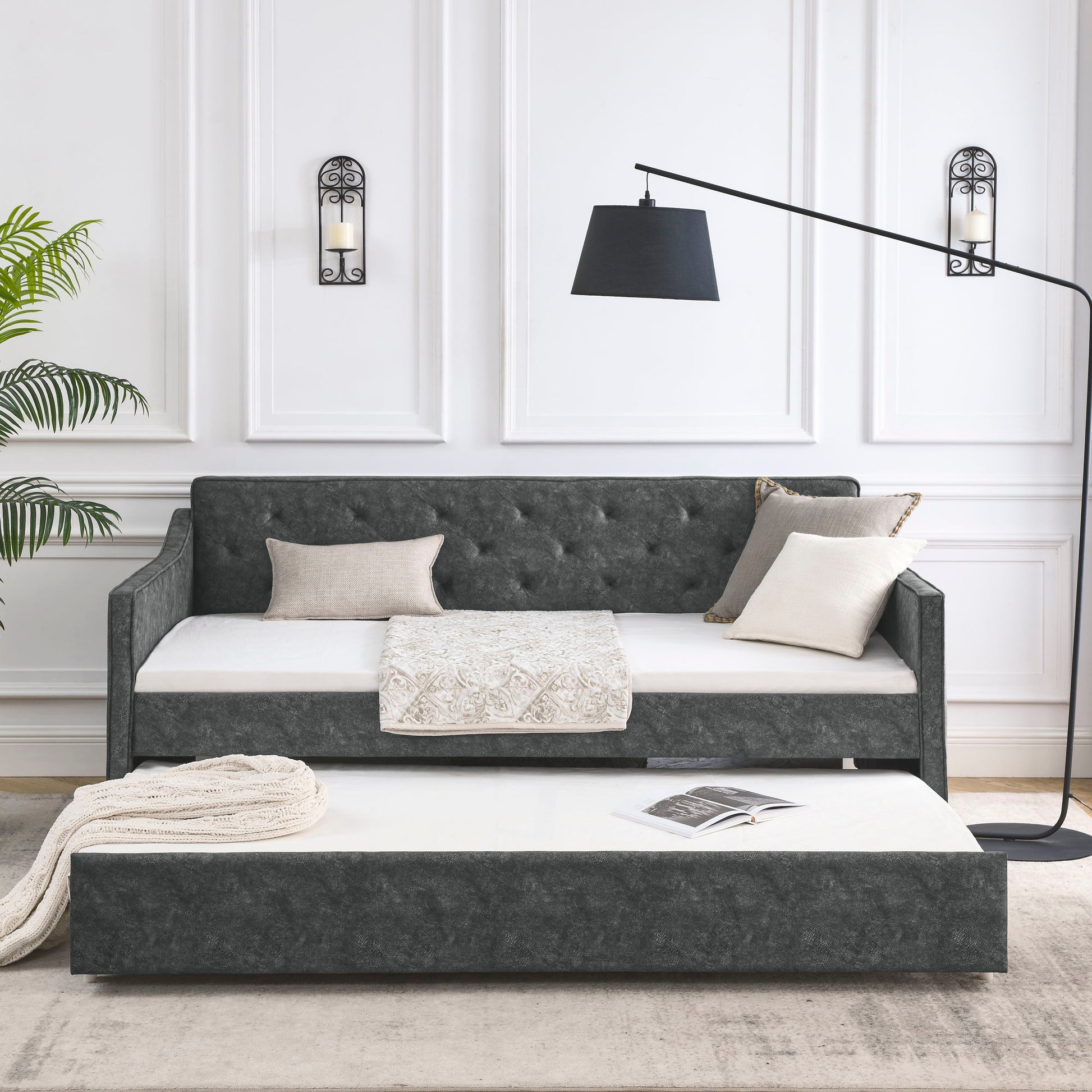 Twin Upholstered Daybed With Trundle, Waved Arms - Gray - The Sleep Loft - Online Mattress Showroom NYC