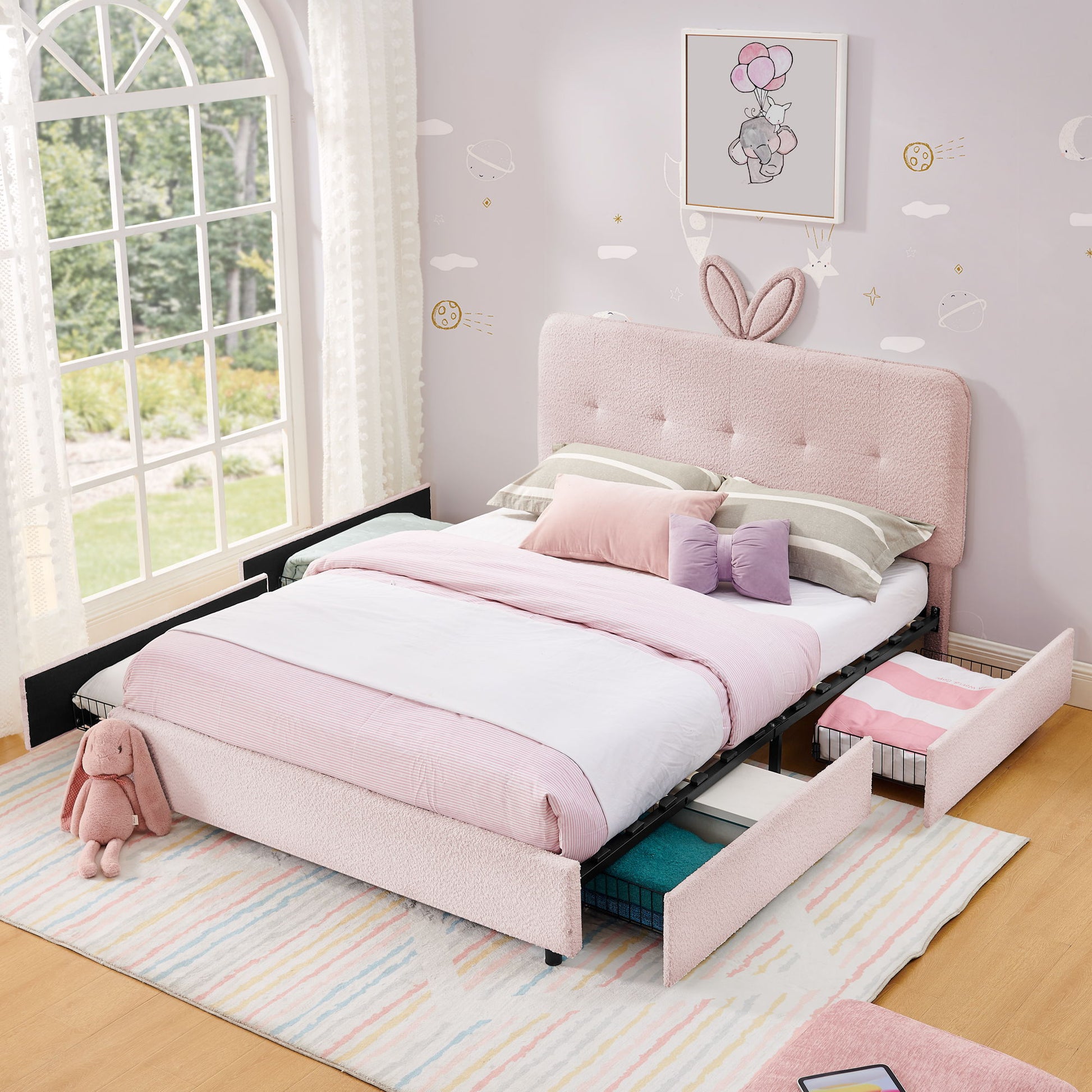 Upholstered Bed With Oversized Rabbit Ear Headboard, LED Lights & 4 Storage Drawers - The Sleep Loft - Online Mattress Showroom NYC