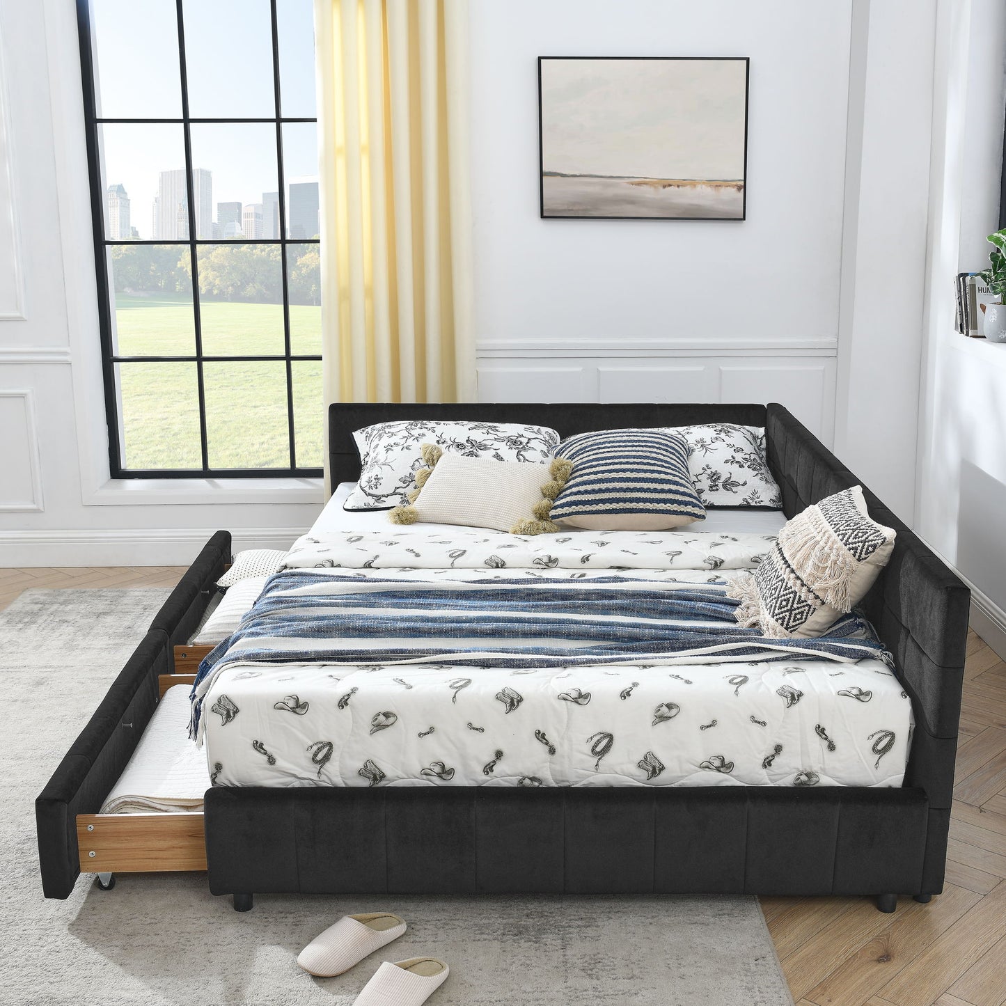 Mid-Century Storage Upholstered Tufted Bed Frame With Backrest And Armrests - The Sleep Loft - Online Mattress Showroom NYC
