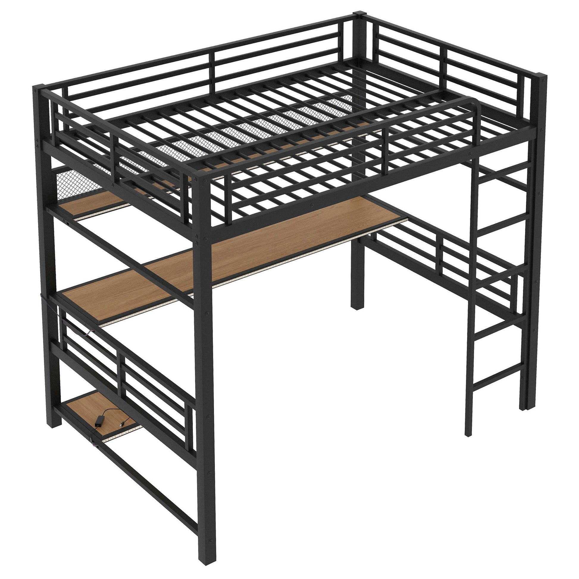 Full Size Loft Bed Frame With Storage Shelf And LED Light - Black - The Sleep Loft - Online Mattress Showroom NYC